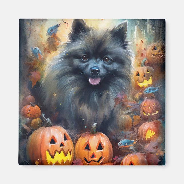 Halloween Keeshond With Pumpkins Scary Magnet (Front)