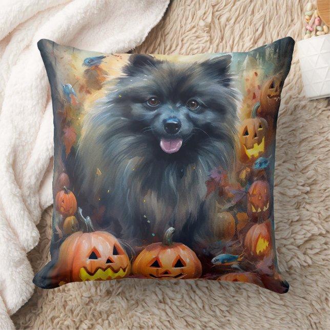 Halloween Keeshond With Pumpkins Scary Throw Pillow (Blanket)