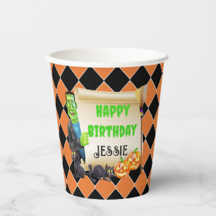 Halloween Kids Name Frankenstein Birthday Custom Paper Cups