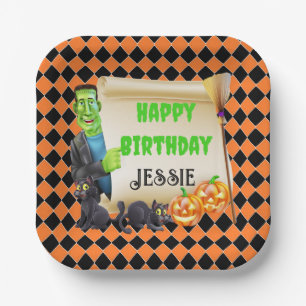 Halloween Kids Name Frankenstein Birthday Custom Paper Plate
