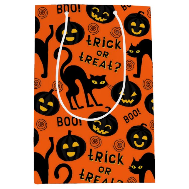 Halloween Kids Trick or Treating Black Cat Pumpkin Medium Gift Bag (Front)