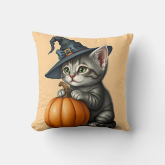 Halloween Kitten, Halloween Cat Wearing Witch Hat, Throw Pillow
