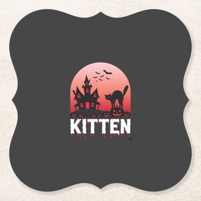 Halloween Kitten Haunted House Cat Design_1 Paper Coaster (Front)