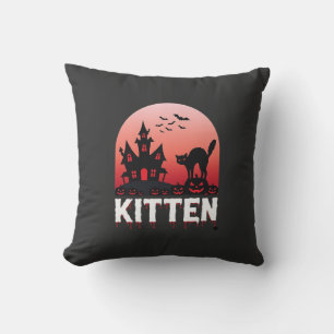 Halloween Kitten Haunted House Cat Design_1 Throw Pillow