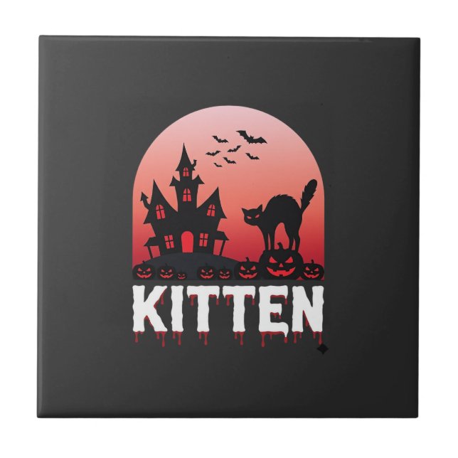 Halloween Kitten Haunted House Cat Design_1 Tile (Front)