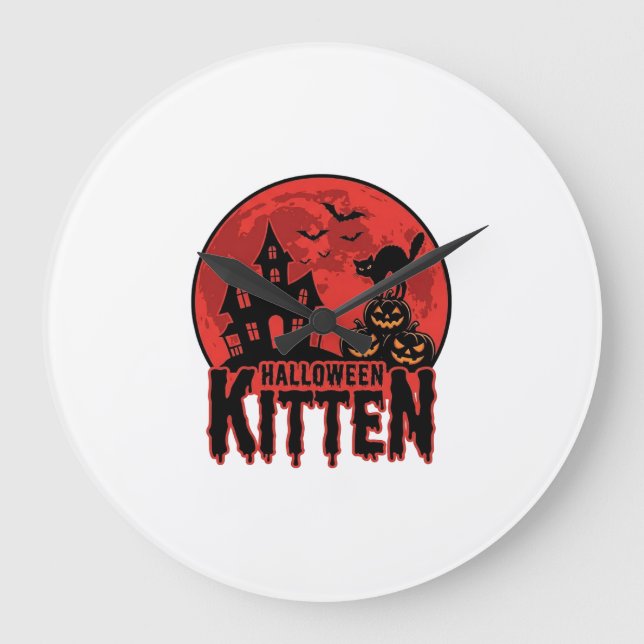 Halloween Kitten Haunted House Cat Graphic_1 Large Clock (Front)