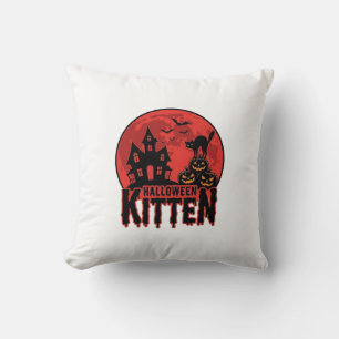 Halloween Kitten Haunted House Cat Graphic_1 Throw Pillow