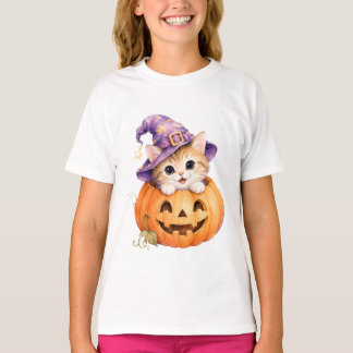 Halloween Kitten in Jack O Lantern Pumpkin Girls  T-Shirt