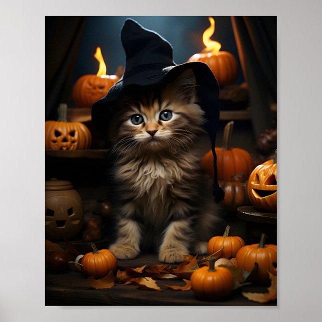 Halloween Kitten Witch With Leaves And Pumpkins Poster (Front)