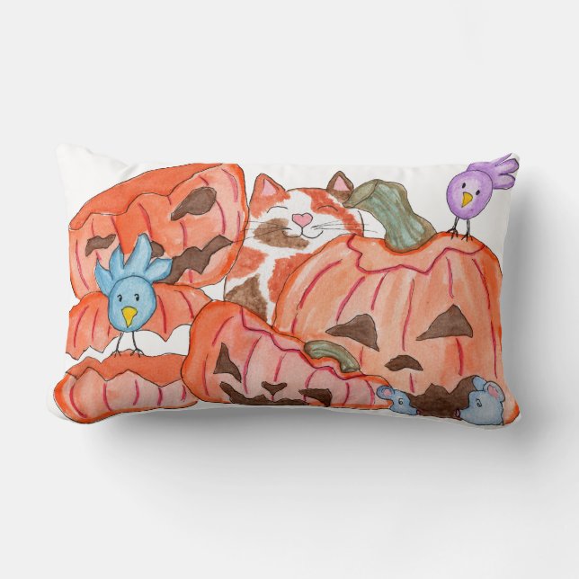 Halloween Kitty and Smashed Pumpkins Lumbar Pillow (Front)