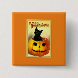 Halloween Kitty Sitting in Jack O Lantern 2 Inch Square Button