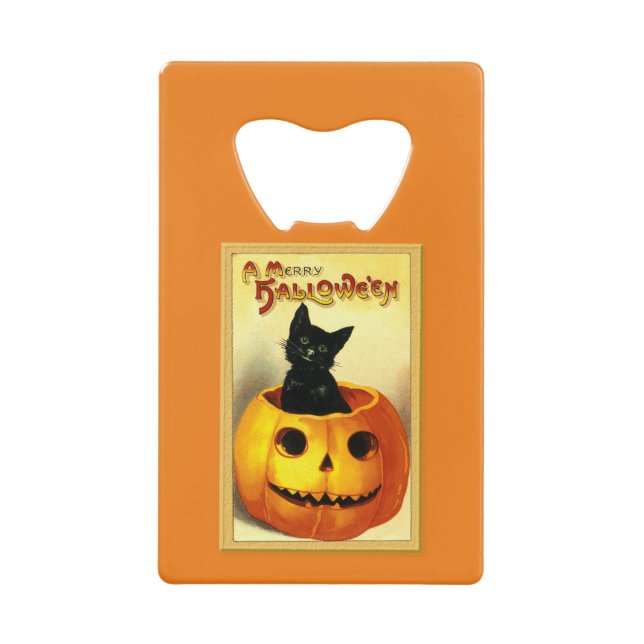 Halloween Kitty Sitting in Jack O Lantern Credit Card Bottle Opener (Front)