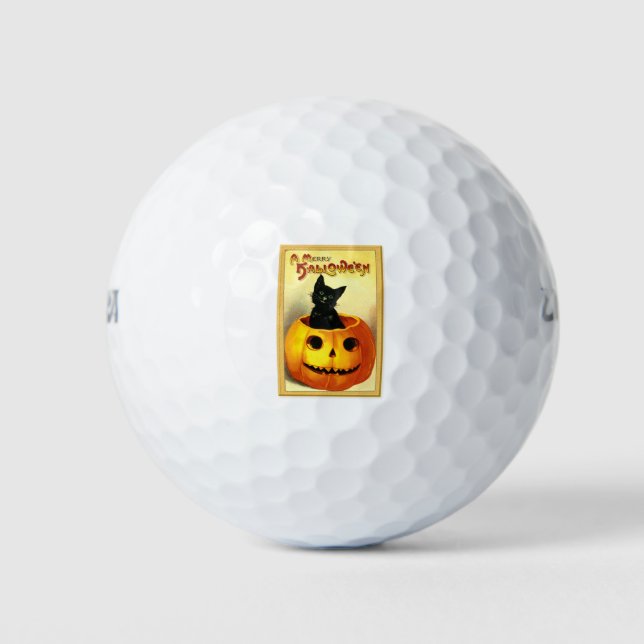 Halloween Kitty Sitting in Jack O Lantern Golf Balls (Front)
