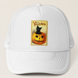 Halloween Kitty Sitting in Jack O Lantern Trucker Hat