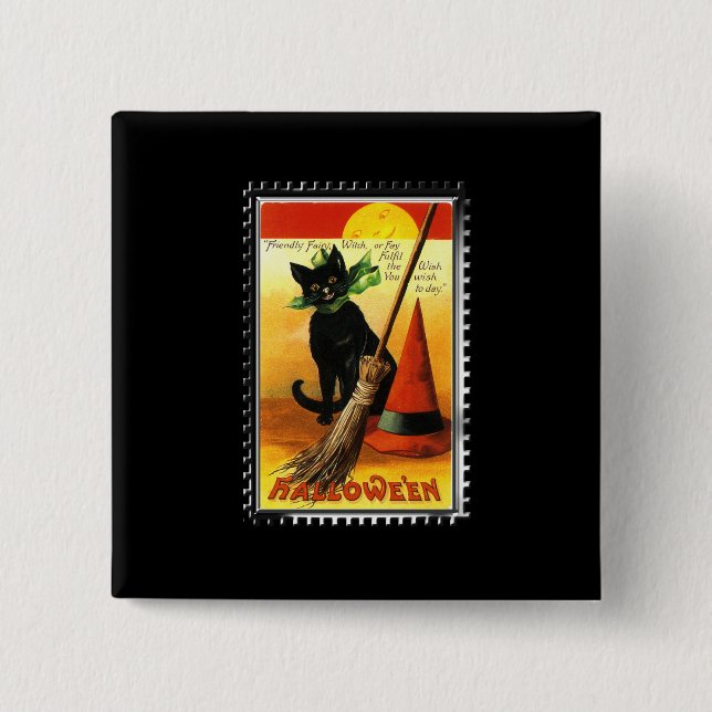 Halloween Kitty Sitting Witches Hat 2 Inch Square Button (Front)