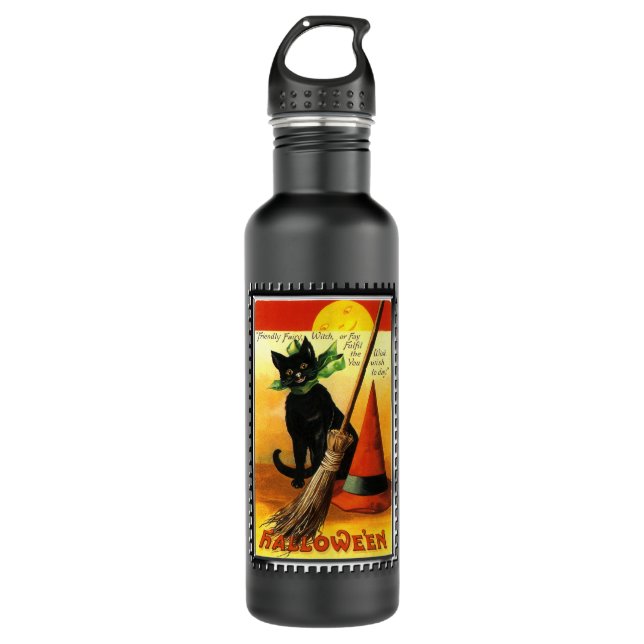 Halloween Kitty Sitting Witches Hat 710 Ml Water Bottle (Front)