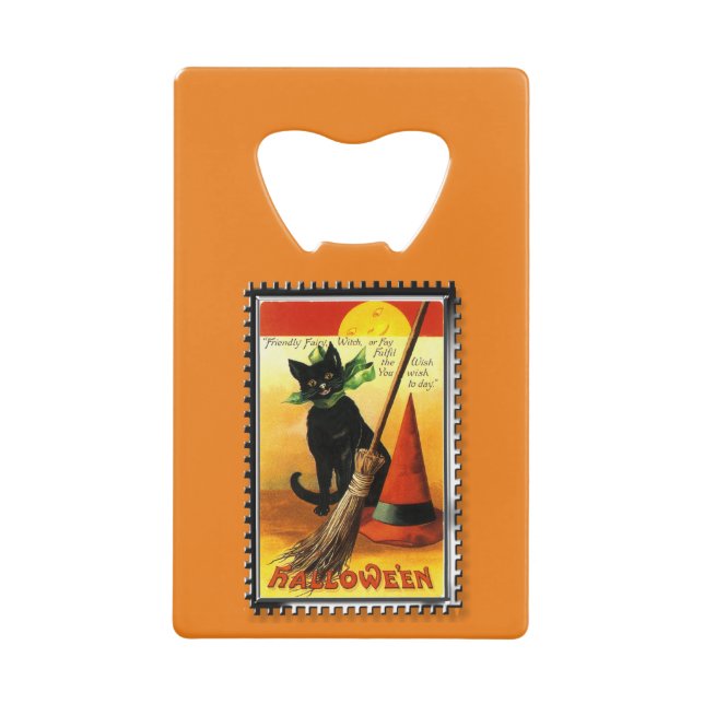 Halloween Kitty Sitting Witches Hat Credit Card Bottle Opener (Front)
