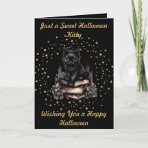 Halloween Kitty with Faux Gold Stars & Books Card