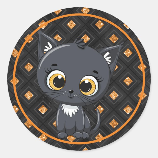 Halloween Kitty With Orange and Black Back Classic Round Sticker (Front)