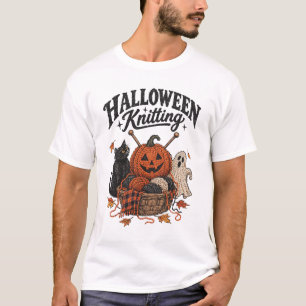Halloween Knitting Black Cat Pumpkin Ghost T-Shirt