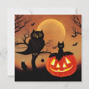 Halloween Kürbis, Eule und Katze bei Nacht. Card