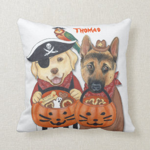 Halloween Lab, Shepherd, and Parrot in Costumes Throw Pillow