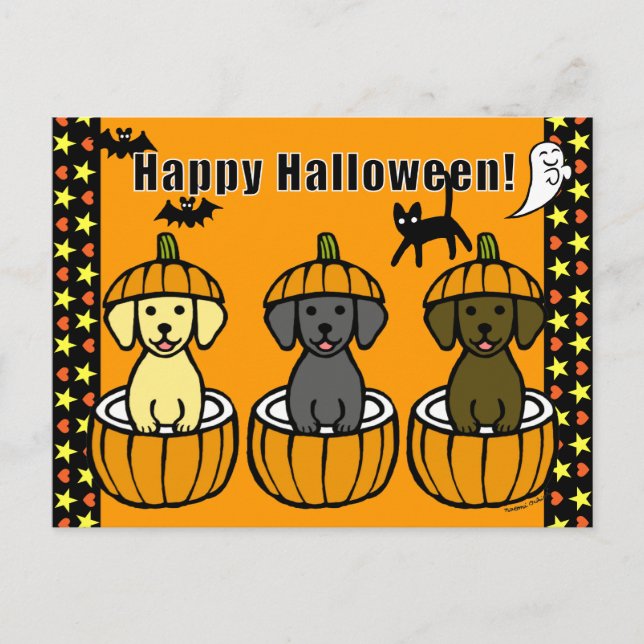 Halloween Labrador Puppies and Pumpkins Postcard (Front)