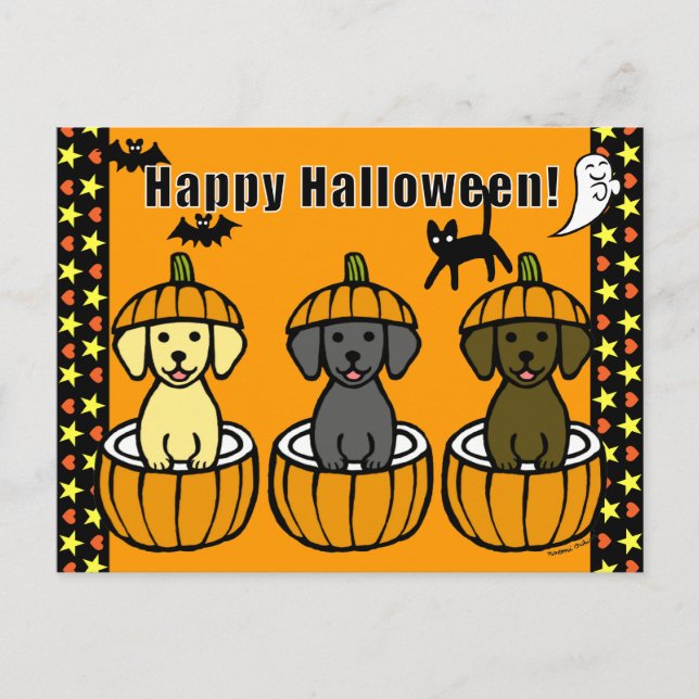 Halloween Labrador Puppies and Pumpkins Postcard (Front)