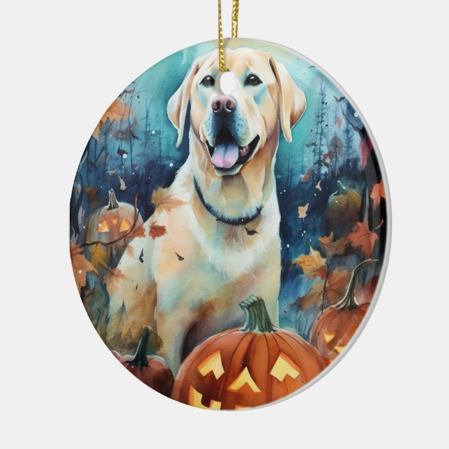Halloween Labrador With Pumpkins Scary Ceramic Ornament (Left)