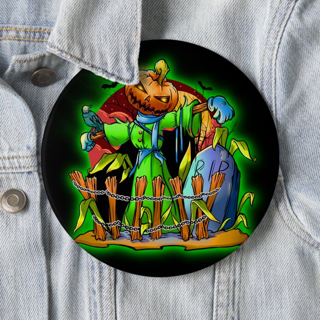 Halloween Lady Scarecrow Pumpkin Head RIP Bats  6 Inch Round Button (In Situ)