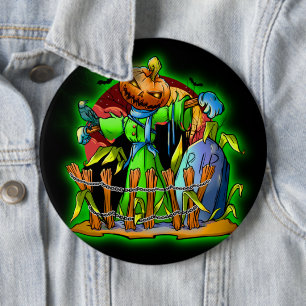 Halloween Lady Scarecrow Pumpkin Head RIP Bats 6 Inch Round Button