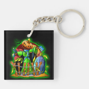 Halloween Lady Scarecrow Pumpkin Head RIP Bats Keychain