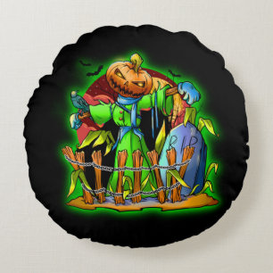 Halloween Lady Scarecrow Pumpkin Head RIP Bats Round Pillow