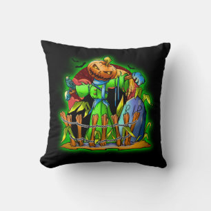 Halloween Lady Scarecrow Pumpkin Head RIP Bats Throw Pillow