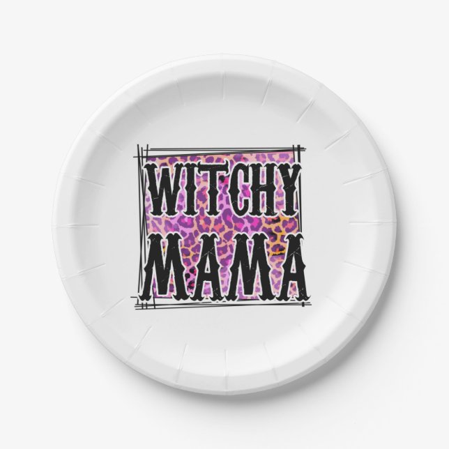 Halloween Leopard Witchy Mama Birthday Paper Plate (Front)