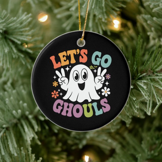 Halloween Let's Go Ghouls Ghost Retro Costume Ceramic Ornament (Tree)