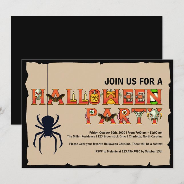 Halloween Lettering Hanging Spider Halloween Invitation (Front/Back)