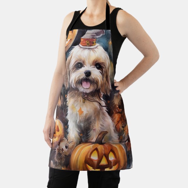 Halloween Lhasa Apso With Pumpkins Scary  Apron (Insitu)