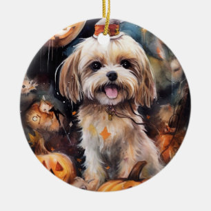 Halloween Lhasa Apso With Pumpkins Scary  Ceramic Ornament