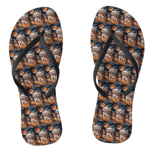 Halloween Lhasa Apso With Pumpkins Scary Flip Flops