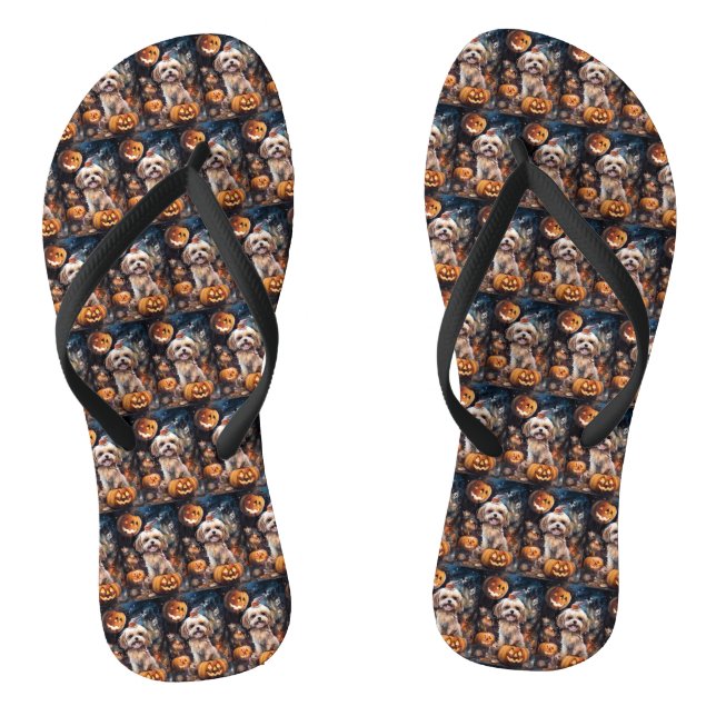 Halloween Lhasa Apso With Pumpkins Scary  Flip Flops (Footbed)