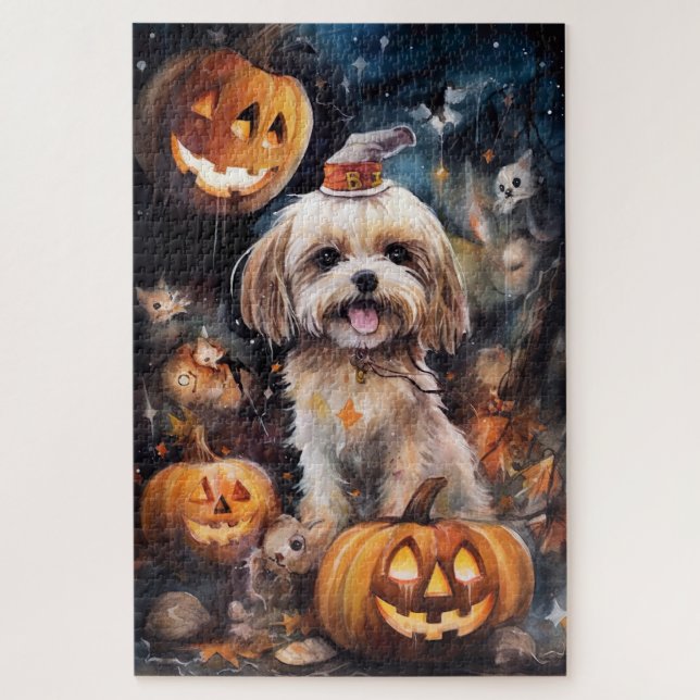 Halloween Lhasa Apso With Pumpkins Scary  Jigsaw Puzzle (Vertical)