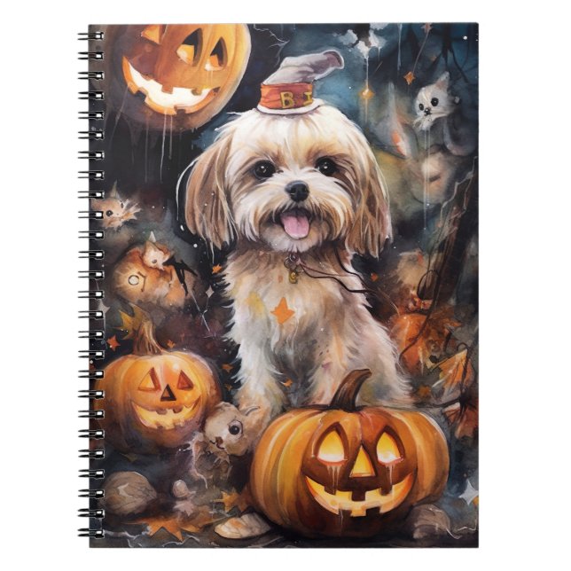 Halloween Lhasa Apso With Pumpkins Scary  Notebook (Front)