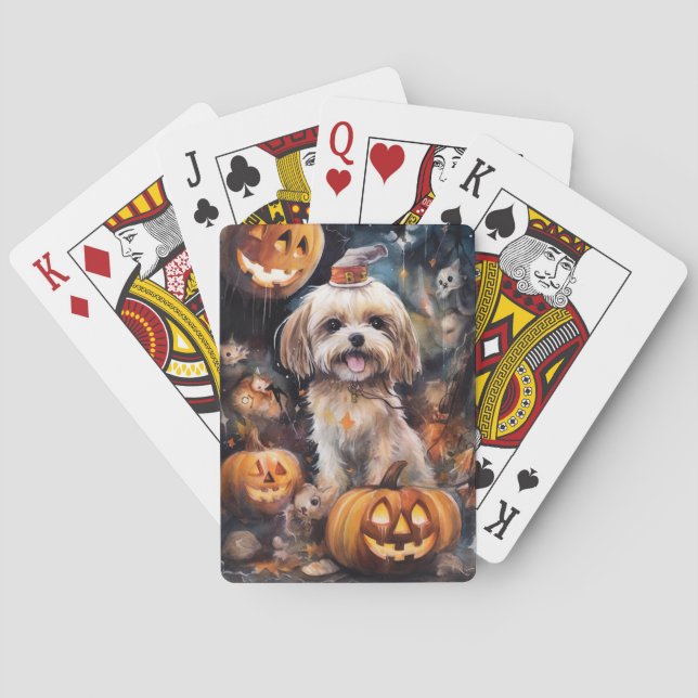 Halloween Lhasa Apso With Pumpkins Scary  Playing Cards (Back)