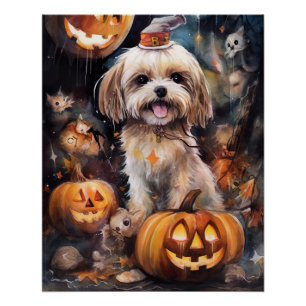 Halloween Lhasa Apso With Pumpkins Scary  Poster