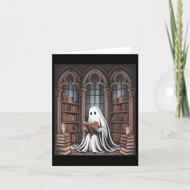 Halloween Librarian Ghost Reading Books Lovers Lib Card (Front)