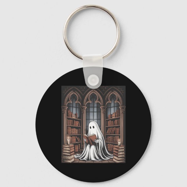 Halloween Librarian Ghost Reading Books Lovers Lib Keychain (Front)