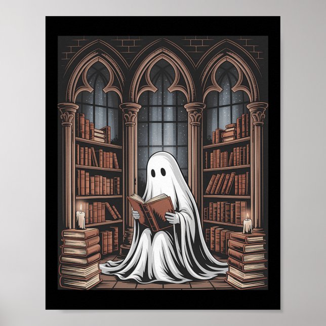 Halloween Librarian Ghost Reading Books Lovers Lib Poster (Front)