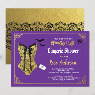 Halloween lingerie shower purple black lace invitation