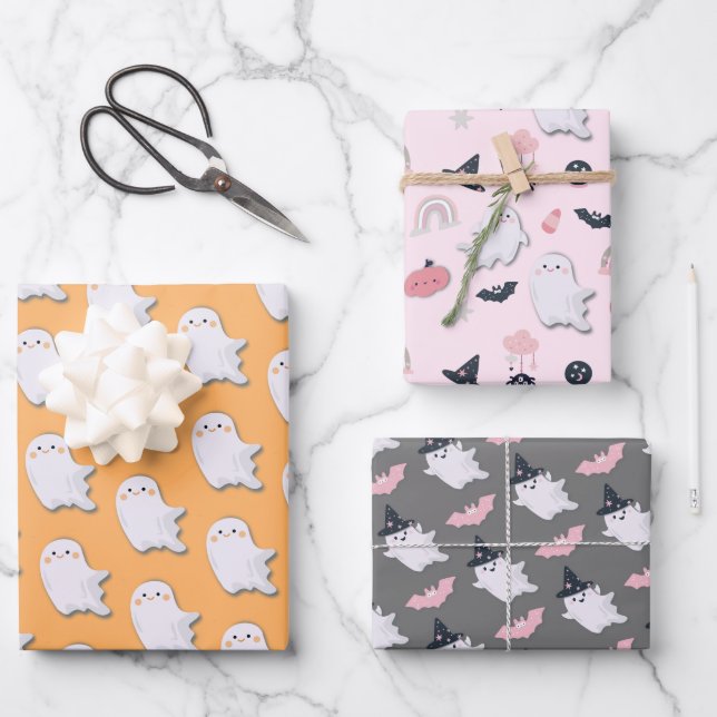 Halloween Little Boo Ghosts Wrapping Paper Sheet (Front)